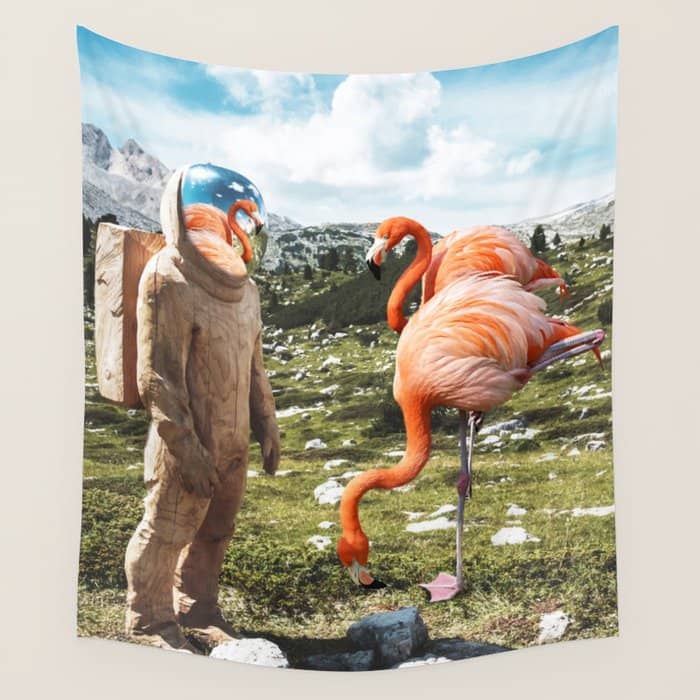 Alternate Reality, Surrealism Digital Photography, Space Flamingo Astronaut Collage Wall Tapestry