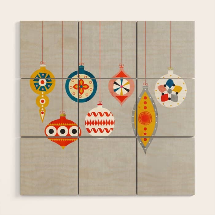 Christmas Retro Baubles No3 Wood Wall Art