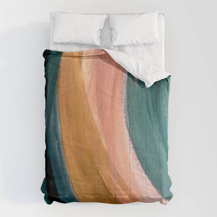 Breathe: A Vibrant Bold Abstract Piece In Greens, Ochre, And Pink Comforter
