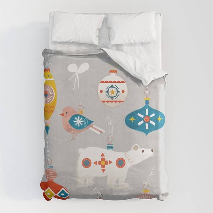 Christmas Vintage Decorations With Bear And Bird Duvet Cover