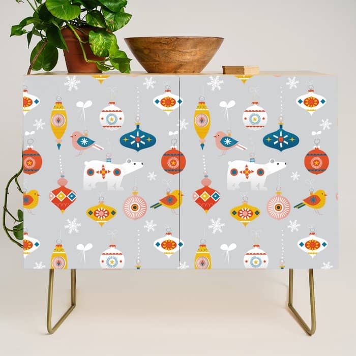 Christmas Vintage Decorations With Bear And Bird Credenza