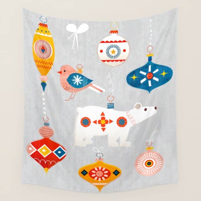 Christmas Vintage Decorations With Bear And Bird Wall Tapestry