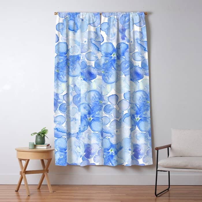 Elegant Purple Blue Hand Painted Watercolor Hortensia Floral Window Curtain