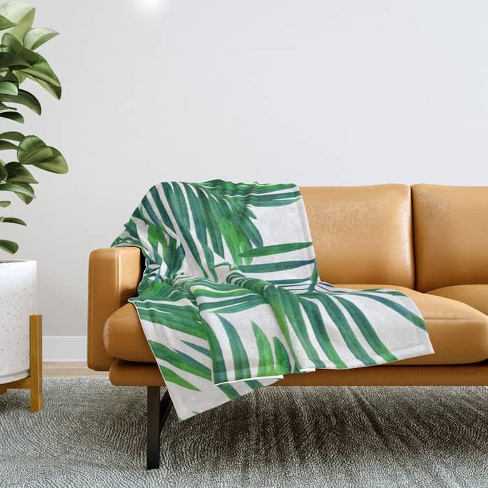 Palm Paradise, Tropical Leaves, Beachy Watercolor Painting, Minimal Nature Botanical Illustration Throw Blanket