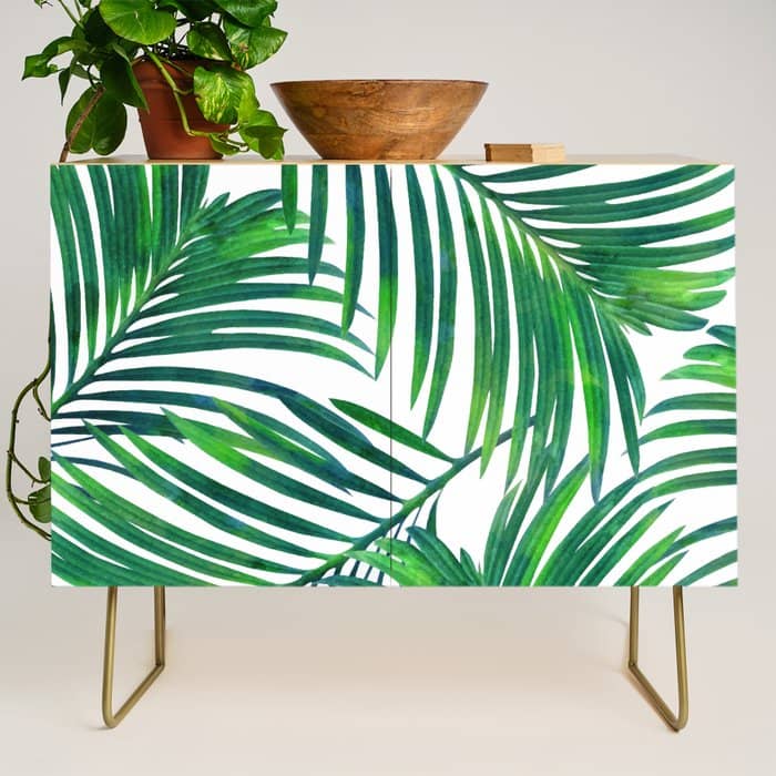 Palm Paradise, Tropical Leaves, Beachy Watercolor Painting, Minimal Nature Botanical Illustration Credenza