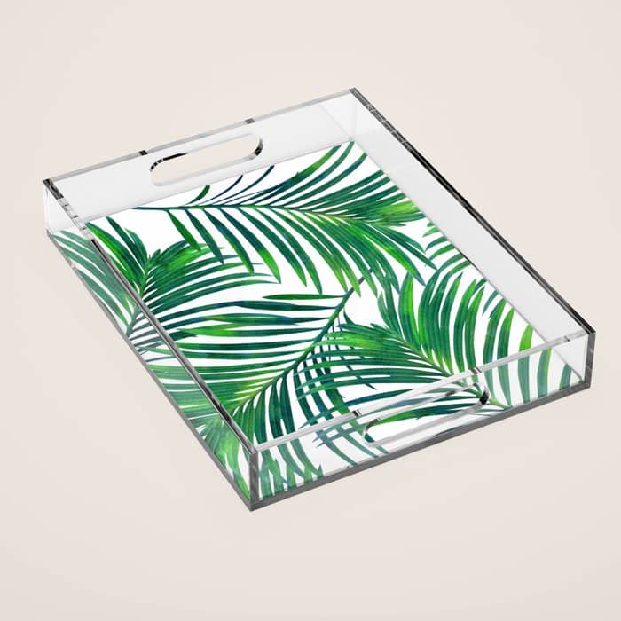 Palm Paradise, Tropical Leaves, Beachy Watercolor Painting, Minimal Nature Botanical Illustration Acrylic Tray