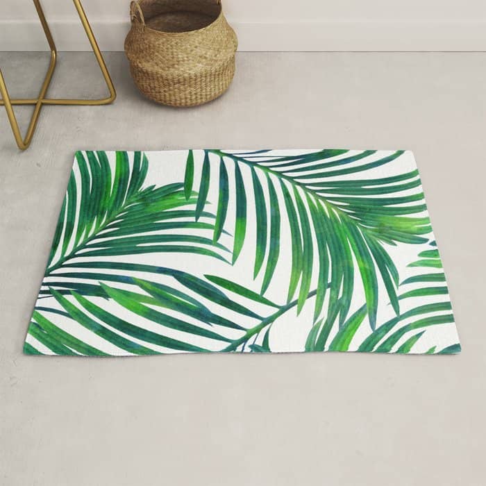 Palm Paradise, Tropical Leaves, Beachy Watercolor Painting, Minimal Nature Botanical Illustration Rug