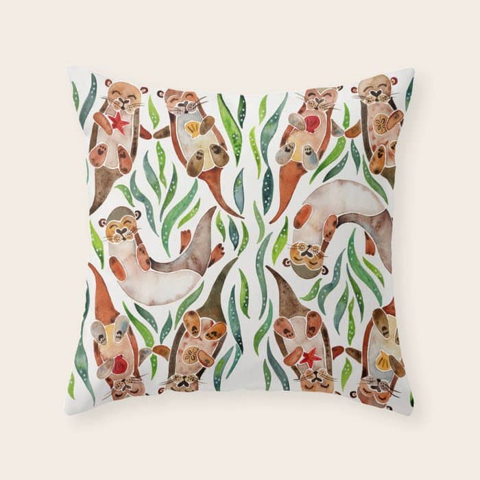 Five Otters - Green Seaweed Throw Pillow