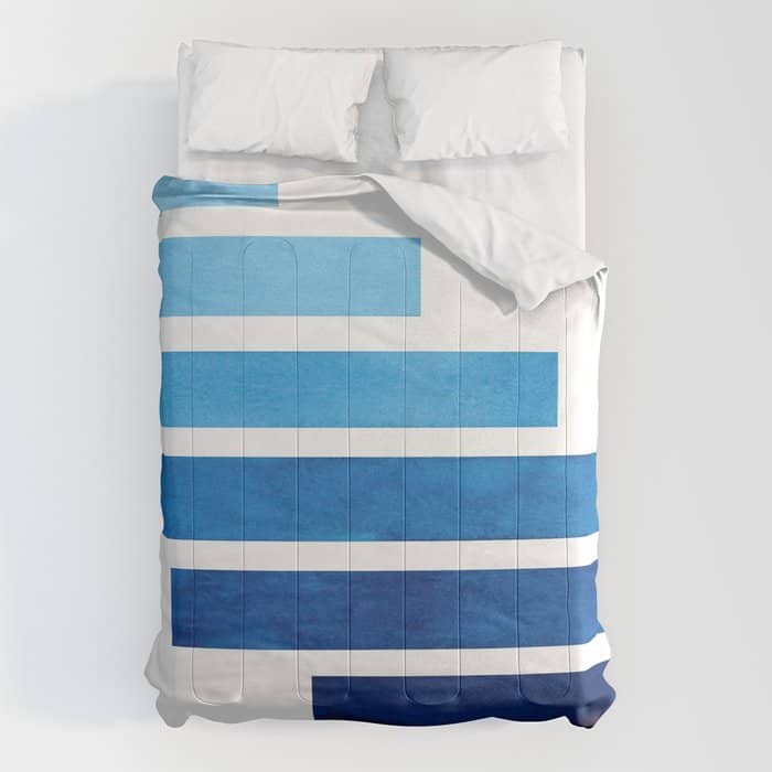 Prussian Blue Midcentury Modern Minimalist Staggered Stripes Rectangle Geometric Aztec Pattern Water Comforter