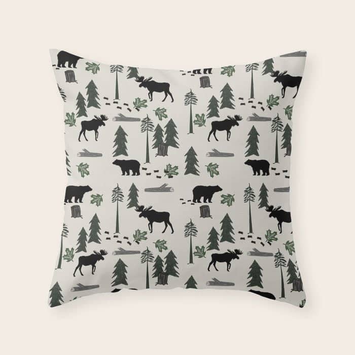 Camping Woodland Forest Nature Moose Bear Pattern Nursery Gifts Throw Pillow