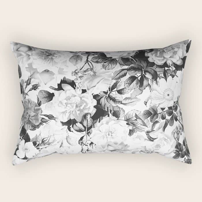 Black Gray Modern Watercolor Roses Floral Pattern Rectangular Pillow