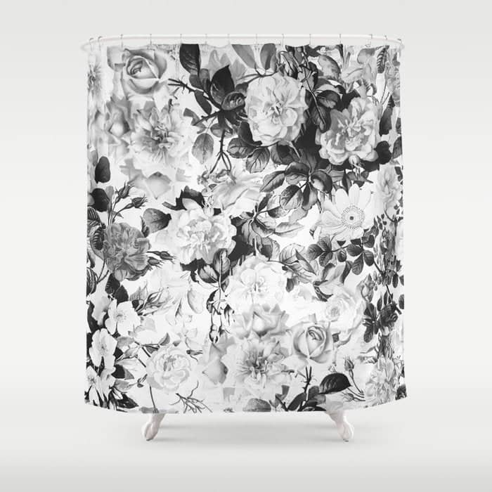 Black Gray Modern Watercolor Roses Floral Pattern Shower Curtain