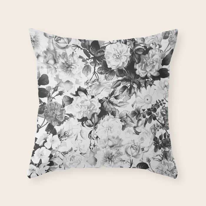 Black Gray Modern Watercolor Roses Floral Pattern Throw Pillow