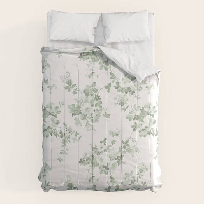Elegant Vintage Green White Roses Shabby Floral Comforter