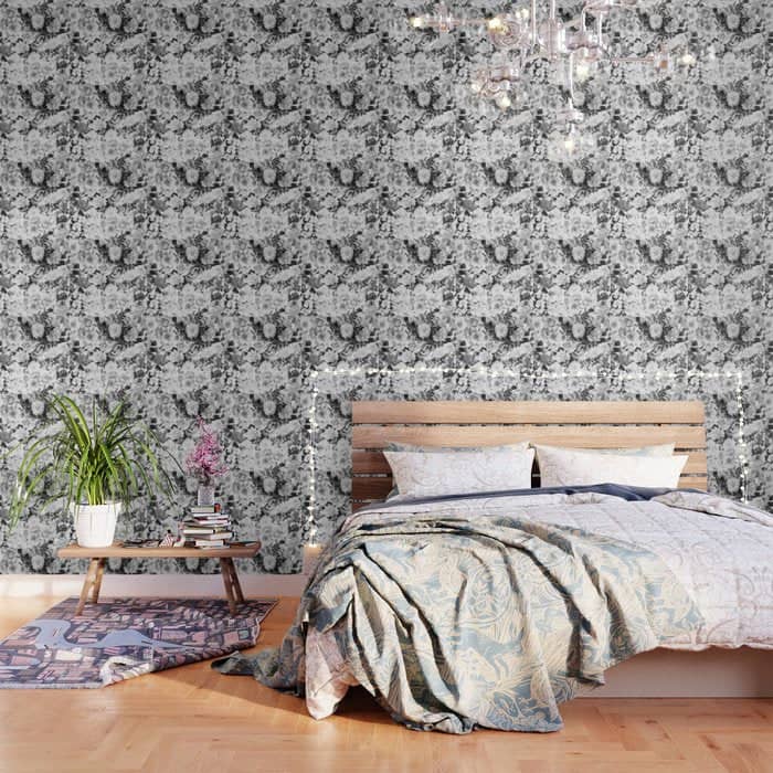 Black Gray Modern Watercolor Roses Floral Pattern Wallpaper