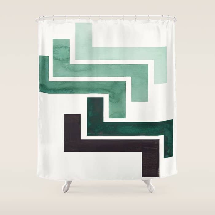 Deep Green Pattern Mid-Century Modern Simple Geometric Pattern Watercolor Minimalist Art Squares Shower Curtain