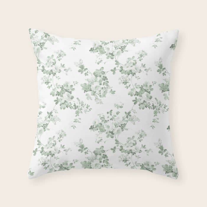 Elegant Vintage Green White Roses Shabby Floral Throw Pillow