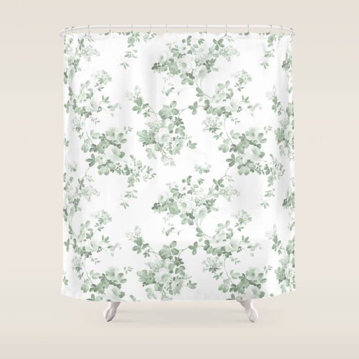 Elegant Vintage Green White Roses Shabby Floral Shower Curtain