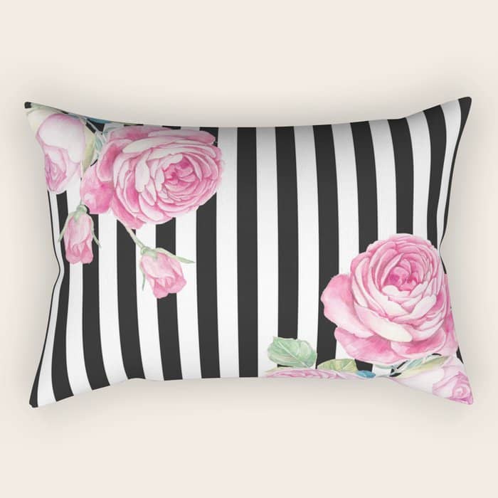 Black White Blush Pink Watercolor Floral Stripes Rectangular Pillow