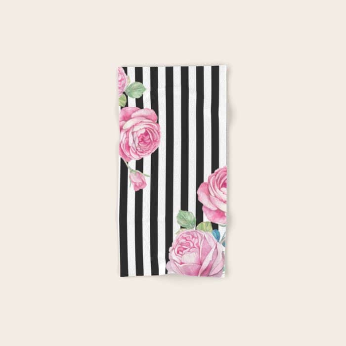Black White Blush Pink Watercolor Floral Stripes Bath Towel