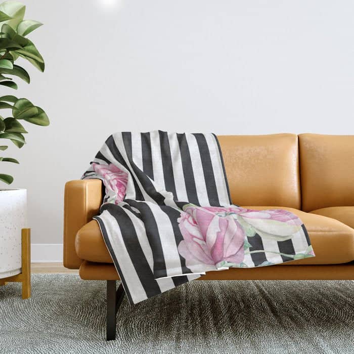 Black White Blush Pink Watercolor Floral Stripes Throw Blanket