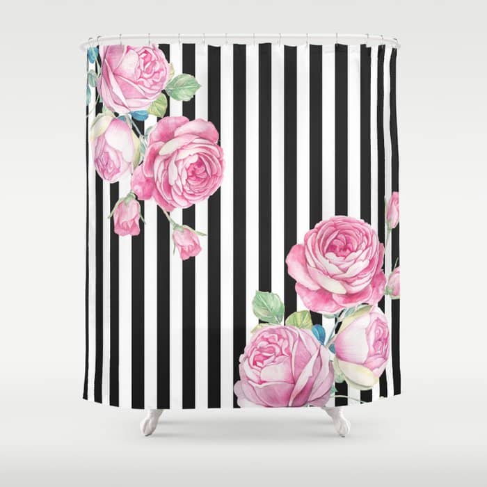 Black White Blush Pink Watercolor Floral Stripes Shower Curtain