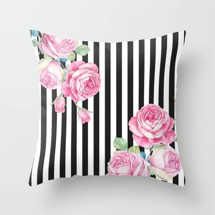 Black White Blush Pink Watercolor Floral Stripes Throw Pillow