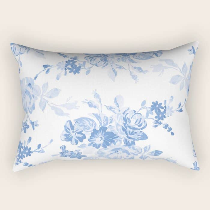 Modern Navy Blue White Watercolor Elegant Floral Rectangular Pillow