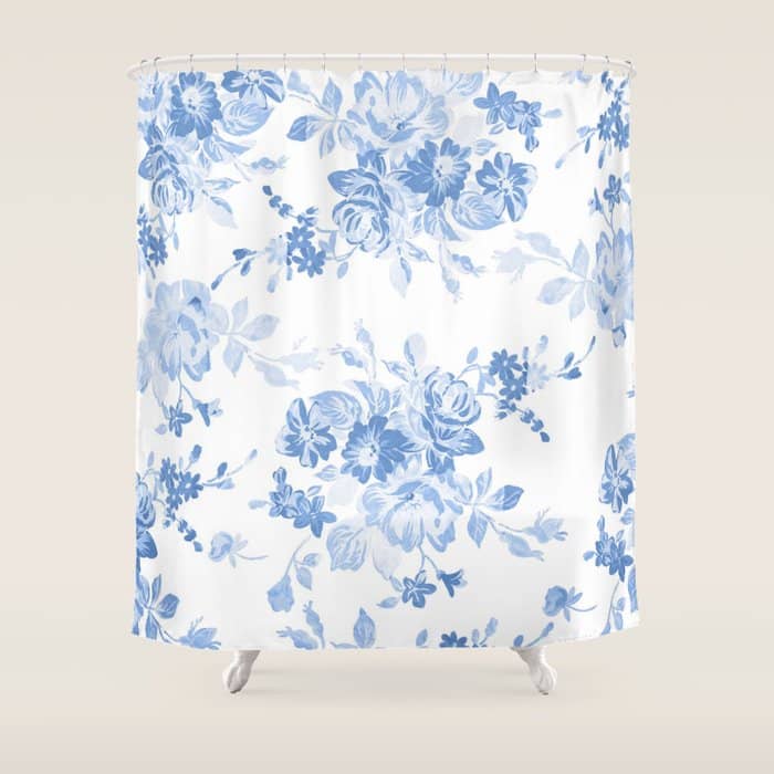 Modern Navy Blue White Watercolor Elegant Floral Shower Curtain
