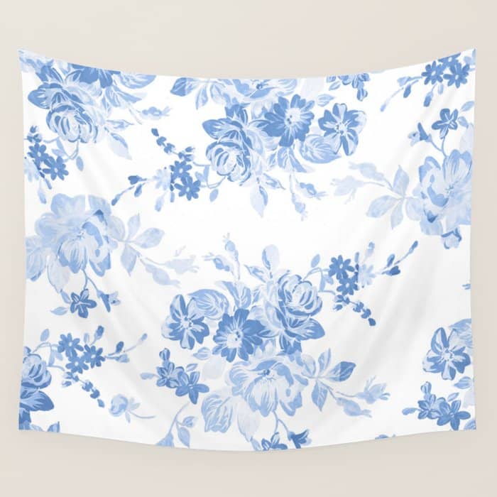 Modern Navy Blue White Watercolor Elegant Floral Wall Tapestry