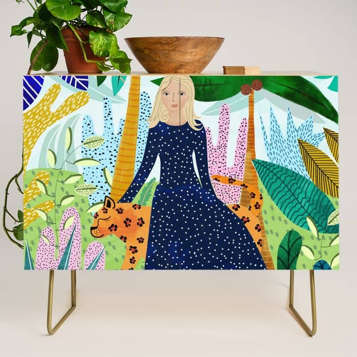 African Safari, Colorful Tropical Jungle Travel, Botanical Watercolor, Blonde Woman With A Leopard Credenza