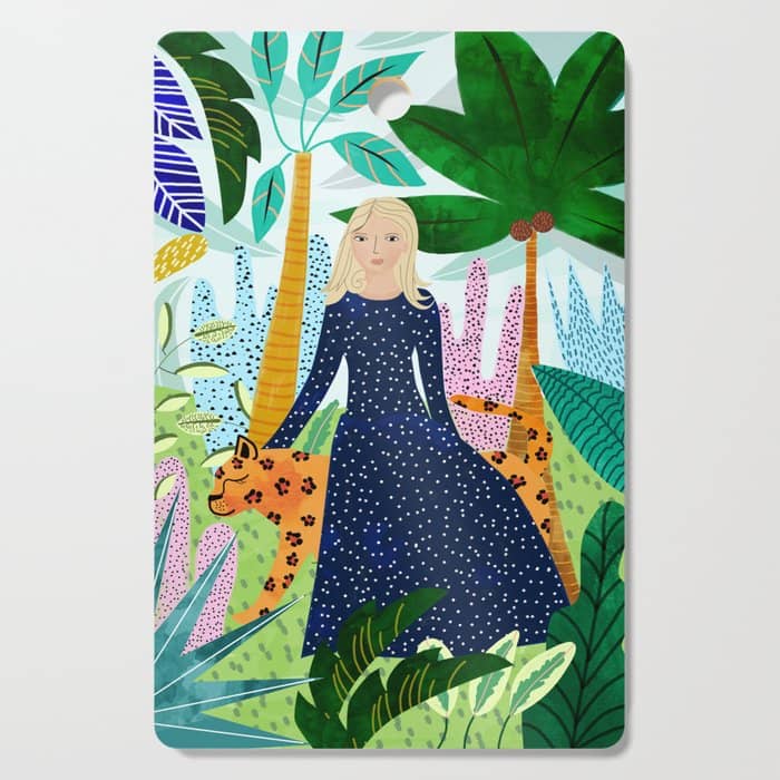 African Safari, Colorful Tropical Jungle Travel, Botanical Watercolor, Blonde Woman With A Leopard Cutting Board