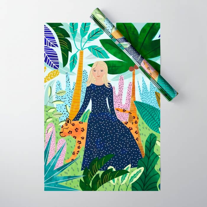 African Safari, Colorful Tropical Jungle Travel, Botanical Watercolor, Blonde Woman With A Leopard Wrapping Paper