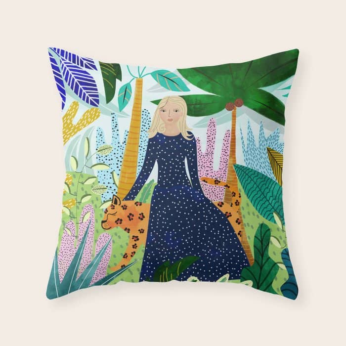 African Safari, Colorful Tropical Jungle Travel, Botanical Watercolor, Blonde Woman With A Leopard Throw Pillow
