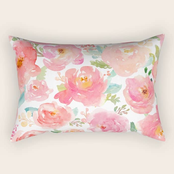 Pink Peonies Watercolor Pattern Rectangular Pillow