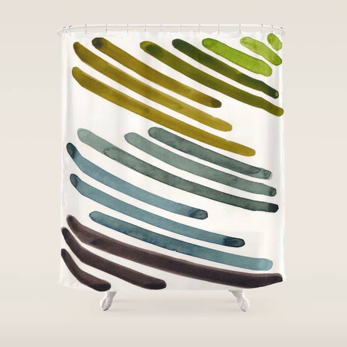 Olive Green Navy Blue Watercolor Colorful Stripes Mid Century Modern Art Primitive Abstract Art Shower Curtain