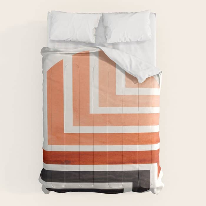 Burnt Sienna Circle Round Framed Mid Century Modern Aztec Geometric Pattern Maze Comforter