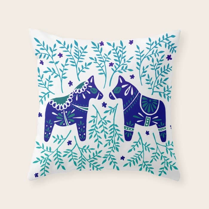 Swedish Dala Horses - Navy & Blue Palette Throw Pillow