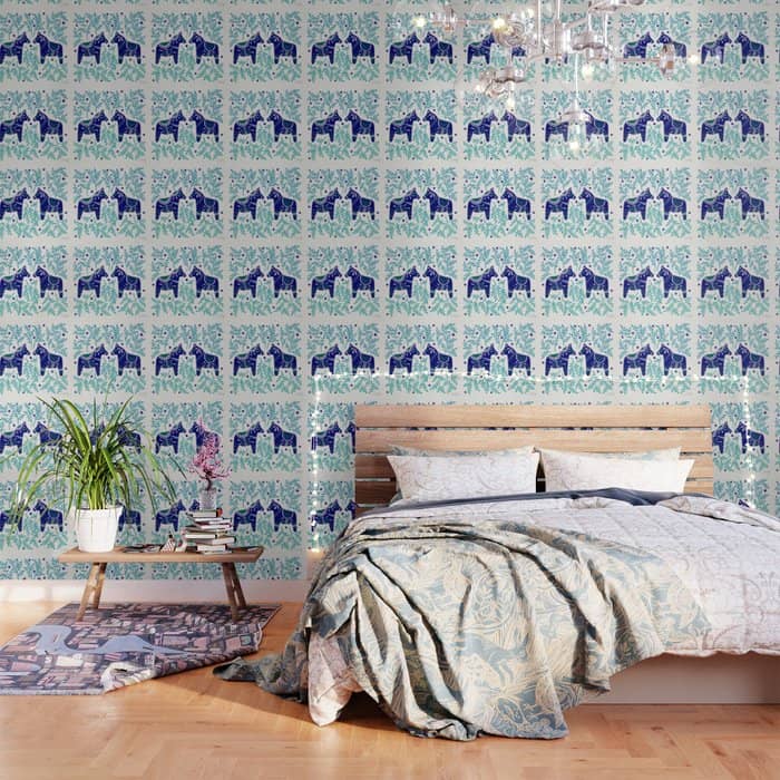 Swedish Dala Horses - Navy & Blue Palette Wallpaper