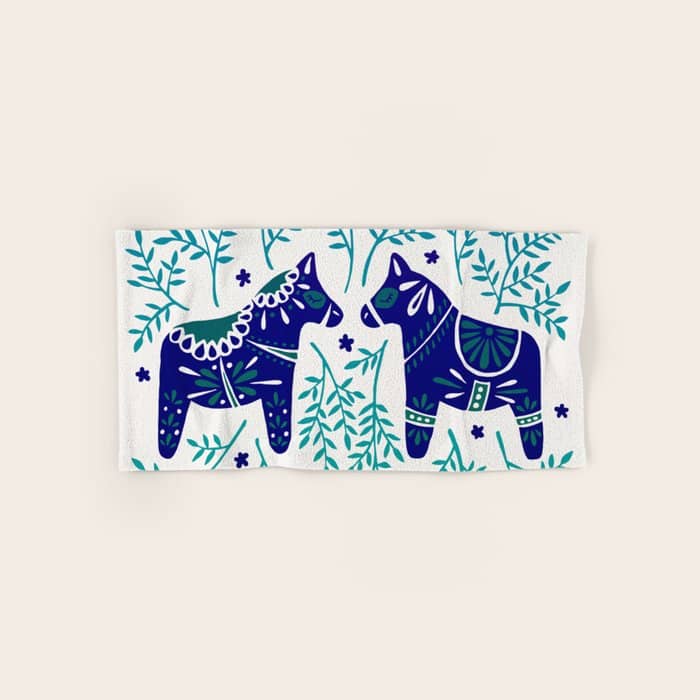 Swedish Dala Horses - Navy & Blue Palette Bath Towel