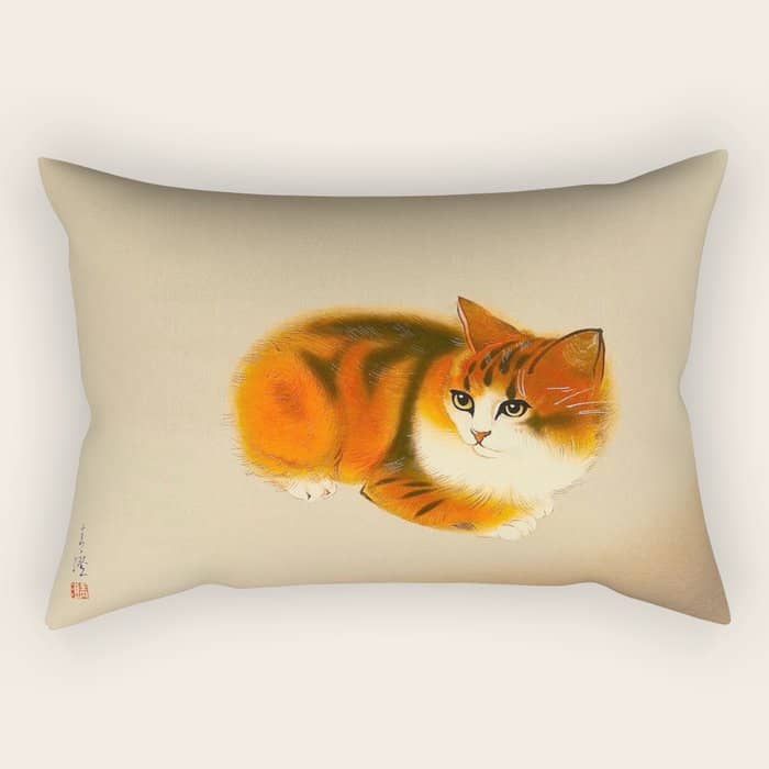 Orange Fluffy Kitten Japanese Vintage Woodblock Print Rectangular Pillow