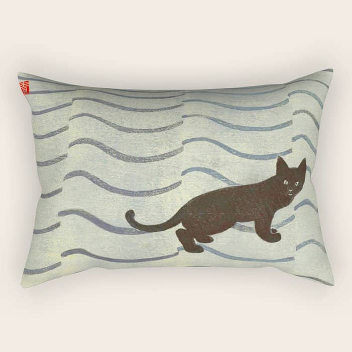 Aoyama Masaharu Japanese Woodblock Print Black Cat On Water Vintage Traditional Art Rectangular Pillow