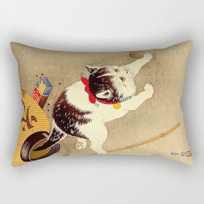 Japanese Woodblock Print Cat Lantern Playful Vintage Art Rectangular Pillow