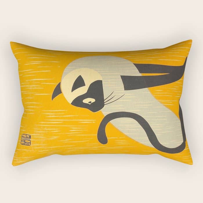 Asai Kiyoshi Japanese Woodblock Siamese Cat Midcounty Modern Art Rectangular Pillow