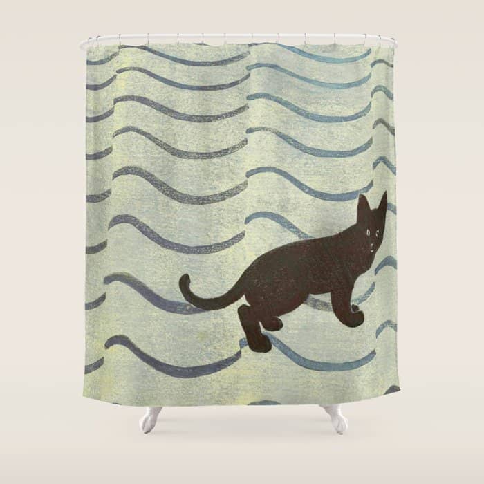 Aoyama Masaharu Japanese Woodblock Print Black Cat On Water Vintage Traditional Art Shower Curtain