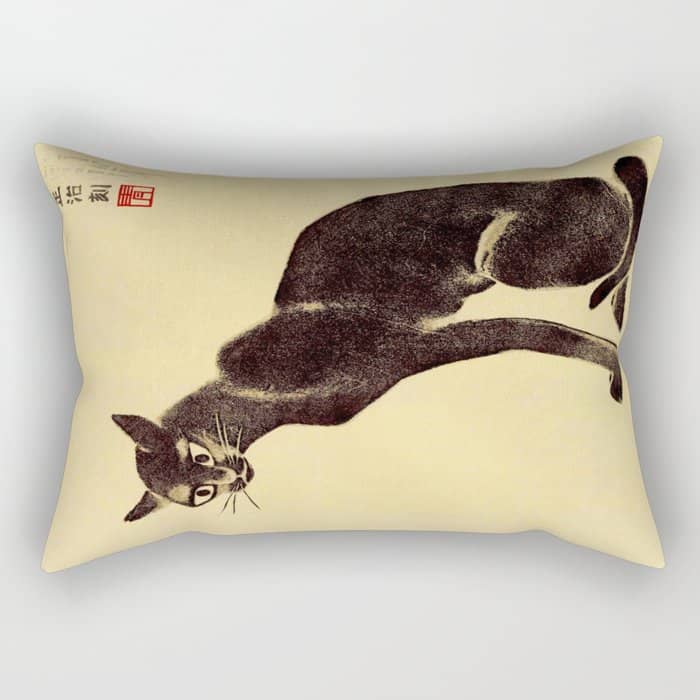Aoyama Masaharu Black Skinny Cat Japanese Woodblock Print East Asian Art Rectangular Pillow