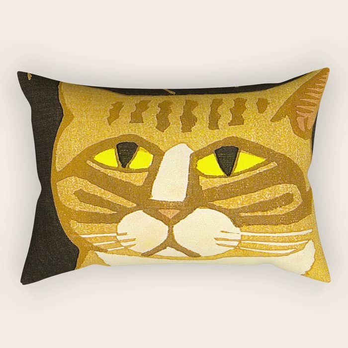 Japanese Cat Cubism Woodblock Print Cherry Blossom Midcentury Modern Rectangular Pillow