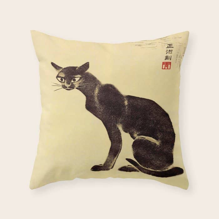 Aoyama Masaharu Black Skinny Cat Japanese Woodblock Print East Asian Art Throw Pillow