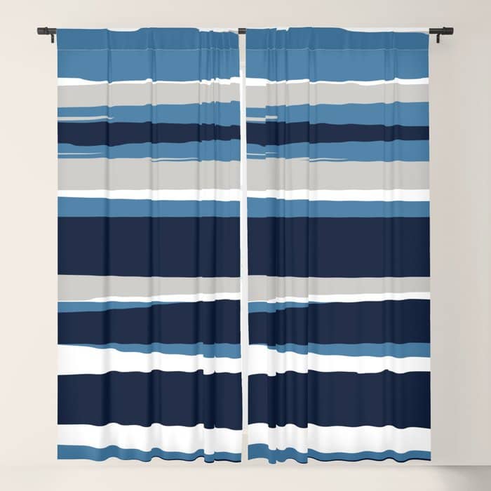 Ocean Beach Striped Landscape, Navy, Blue, Gray Window Curtain