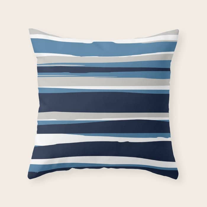 Ocean Beach Striped Landscape, Navy, Blue, Gray Throw Pillow